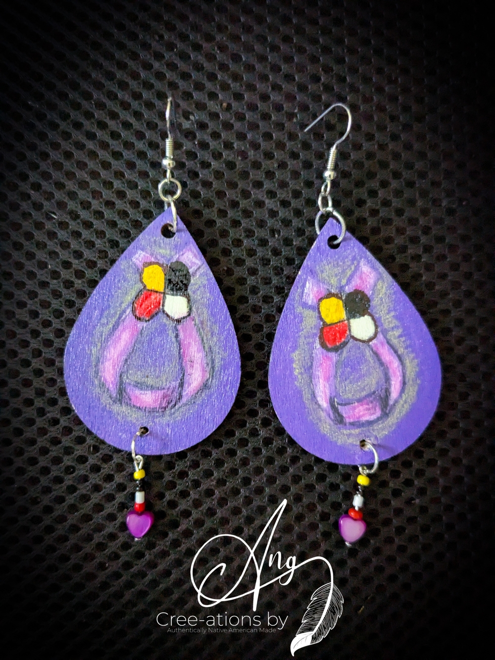 Indigenous Hand-Painted Purple Ribbon 4 Direction Beaded Dangle Earrings